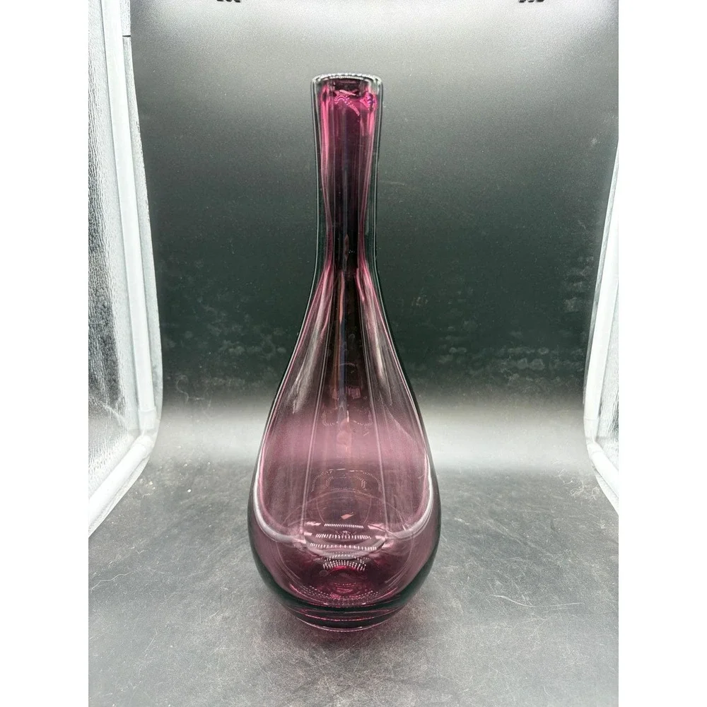 Vntg Amethyst Purple Art Glass Vase Mid Century Modern Teardrop Bud Vase 11.5